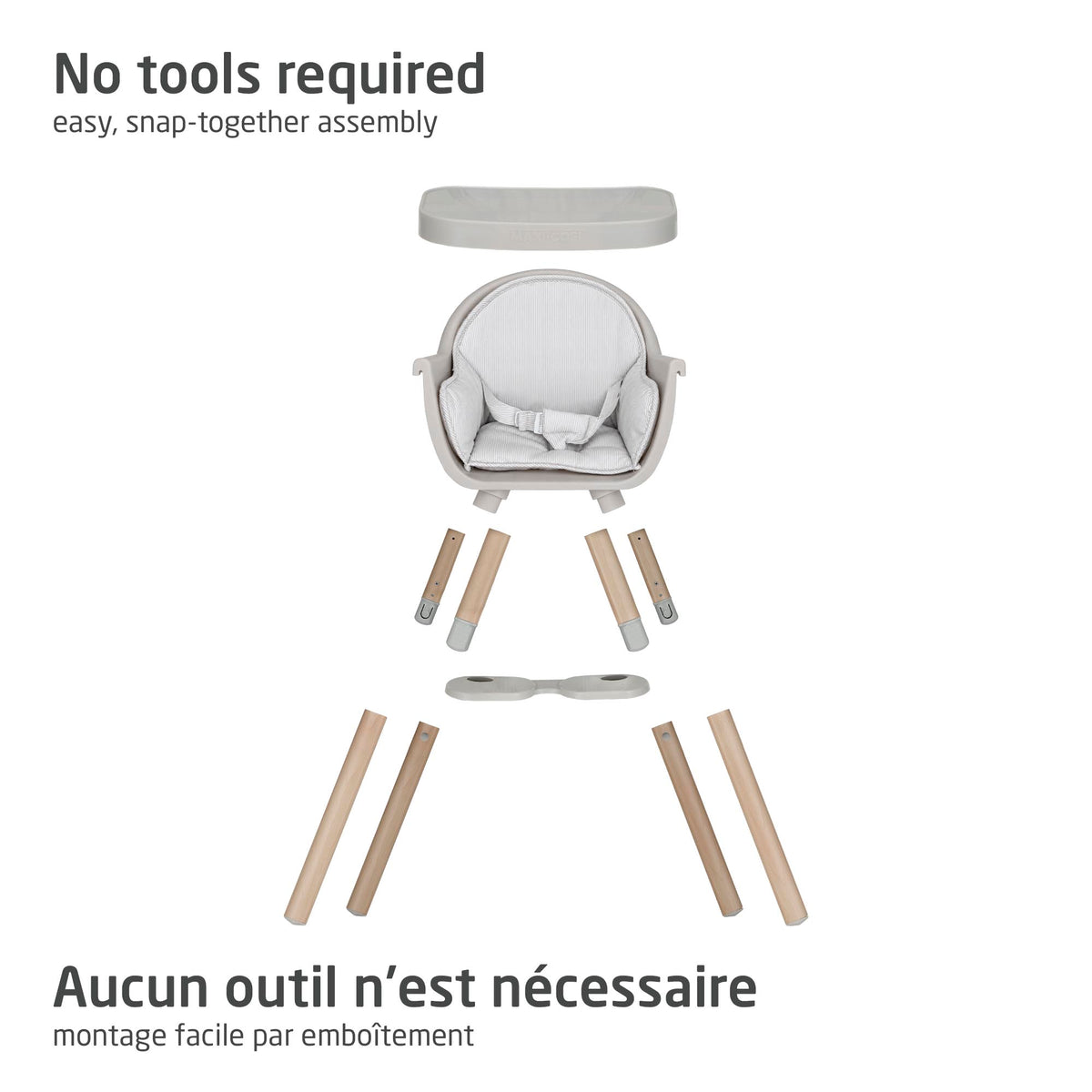 Exploded assembly overview of the Maxi-Cosi Moa doll high chair featuring easy snap-together parts with no tools required.