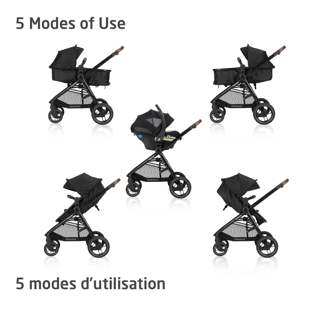 Breakdown of the Next Generation Zelia Luxe stroller in 5 versatile modes of use, seamlessly converting from a newborn carrycot into a forward-facing or parent-facing toddler seat.