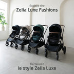 Lifestyle lineup showcasing the sophisticated colorways and luxury fabrics of the Next Generation Zelia Luxe modular stroller.
