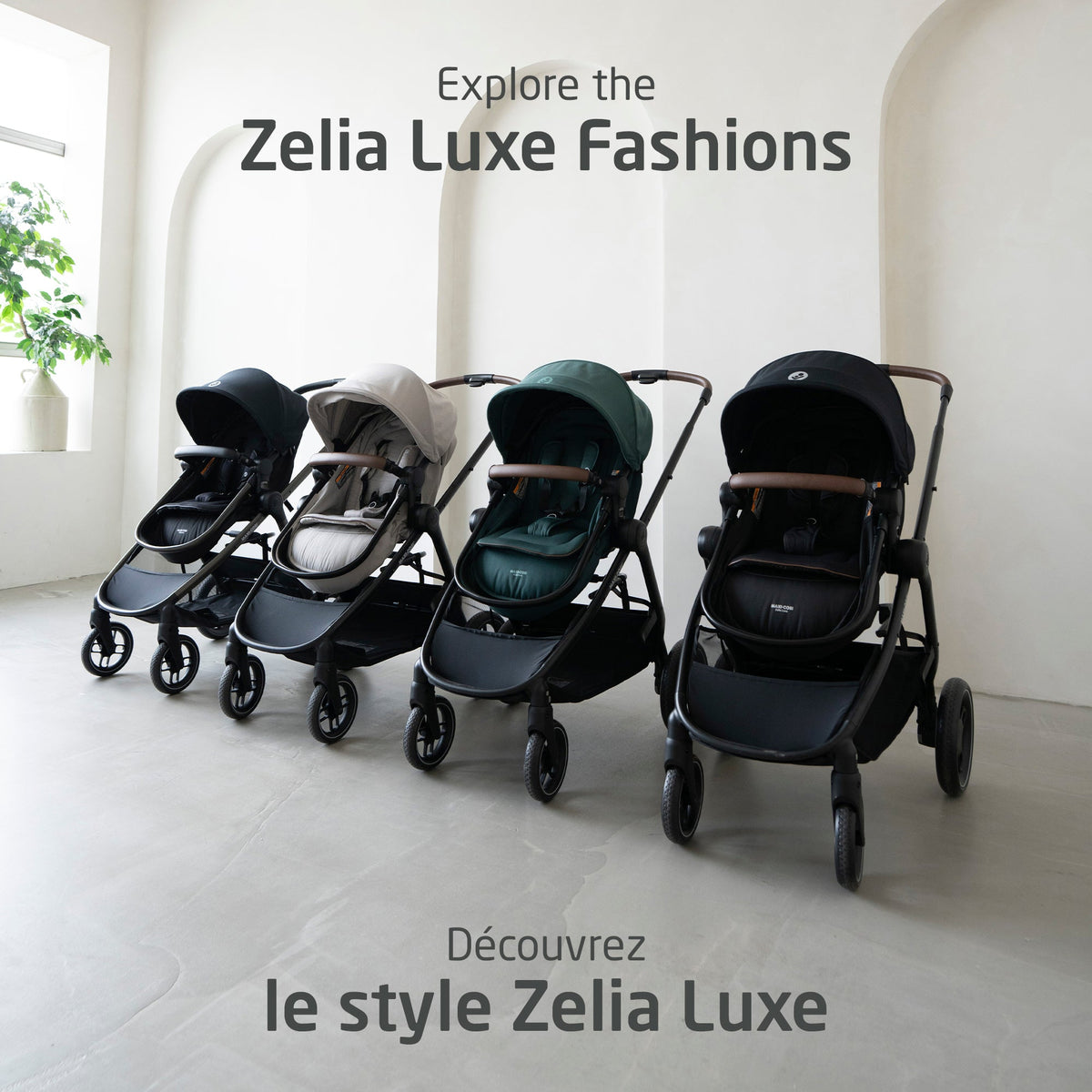 Lifestyle lineup showcasing the sophisticated colorways and luxury fabrics of the Next Generation Zelia Luxe modular stroller.