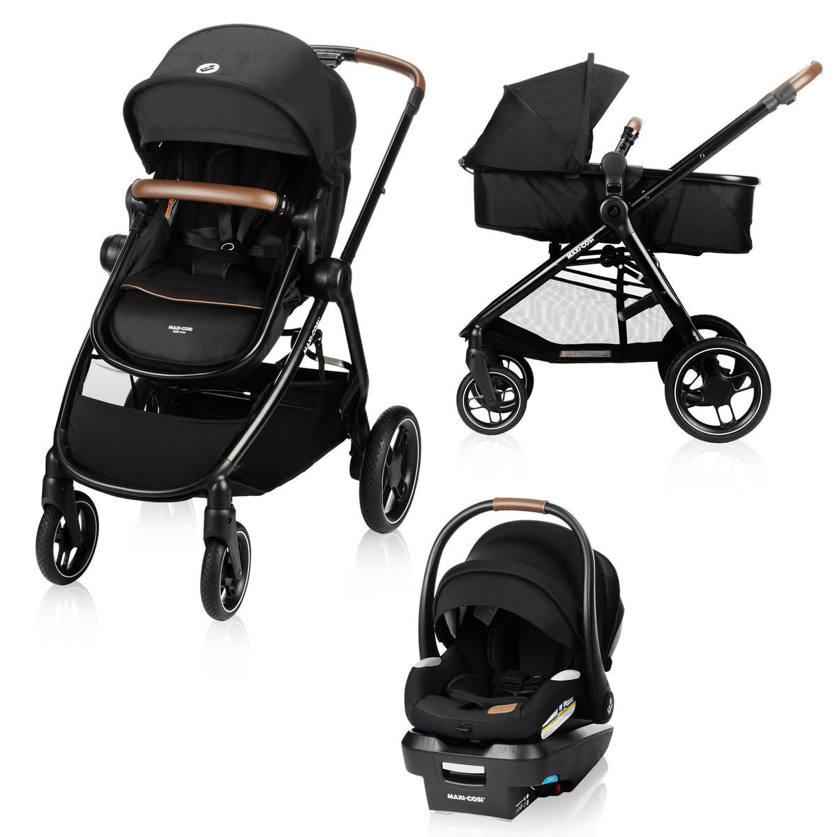 Front hero view of the Maxi-Cosi Next Generation Zelia Luxe 5-in-1 Basalt Black modular travel system on a clean white background, designed for Canadian families navigating city streets and diverse terrain.