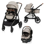 Front hero view of the Maxi-Cosi Next Generation Zelia Luxe 5-in-1 New Hope Tan modular travel system on a clean white background, designed for Canadian families navigating city streets and diverse terrain.