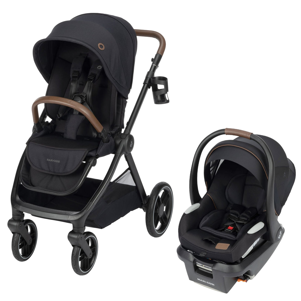 Front hero view of the Maxi-Cosi Oxford Essential Black modular travel system with Mico Luxe+ infant car seat on a clean white background, designed for Canadian families navigating city streets and beyond.