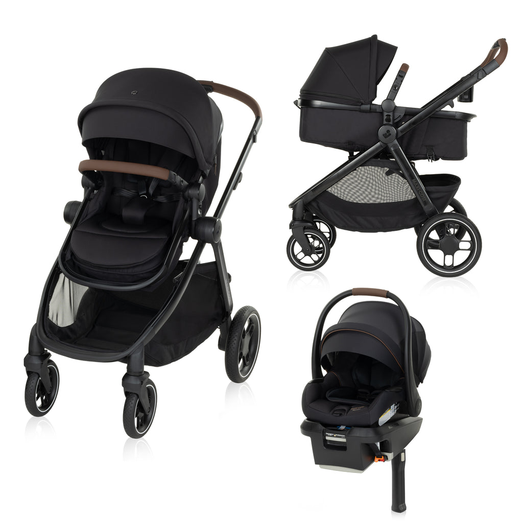 Maxi-Cosi Zelia Pro 5-in-1 Travel System shown in toddler stroller mode, bassinet mode, and Mico Luxe Plus infant car seat with base and load leg.