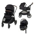 Maxi-Cosi Zelia Pro 5-in-1 Travel System shown in toddler stroller mode, bassinet mode, and Mico Luxe Plus infant car seat with base and load leg.