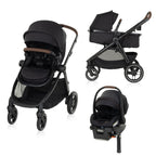 Maxi-Cosi Zelia Pro 5-in-1 Travel System shown in toddler stroller mode, bassinet mode, and Mico Luxe Plus infant car seat with base and load leg.