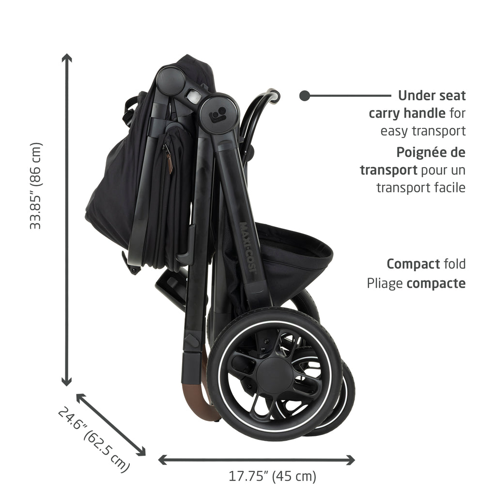 Compact folded Zelia Pro stroller with folded dimensions and integrated under-seat carry handle for effortless transport.
