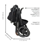 Compact folded Zelia Pro stroller with folded dimensions and integrated under-seat carry handle for effortless transport.