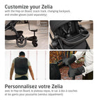 Four-panel grid showing optional accessories to customize the Zelia stroller, including Hop-on Board, child snack tray, diaper backpack, and stroller gloves.