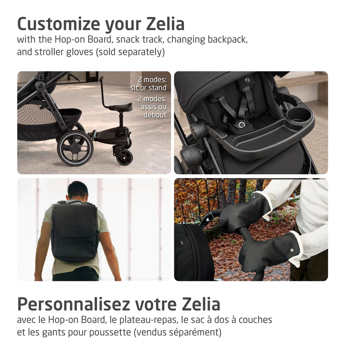 Four-panel grid showing optional accessories to customize the Zelia stroller, including Hop-on Board, child snack tray, diaper backpack, and stroller gloves.