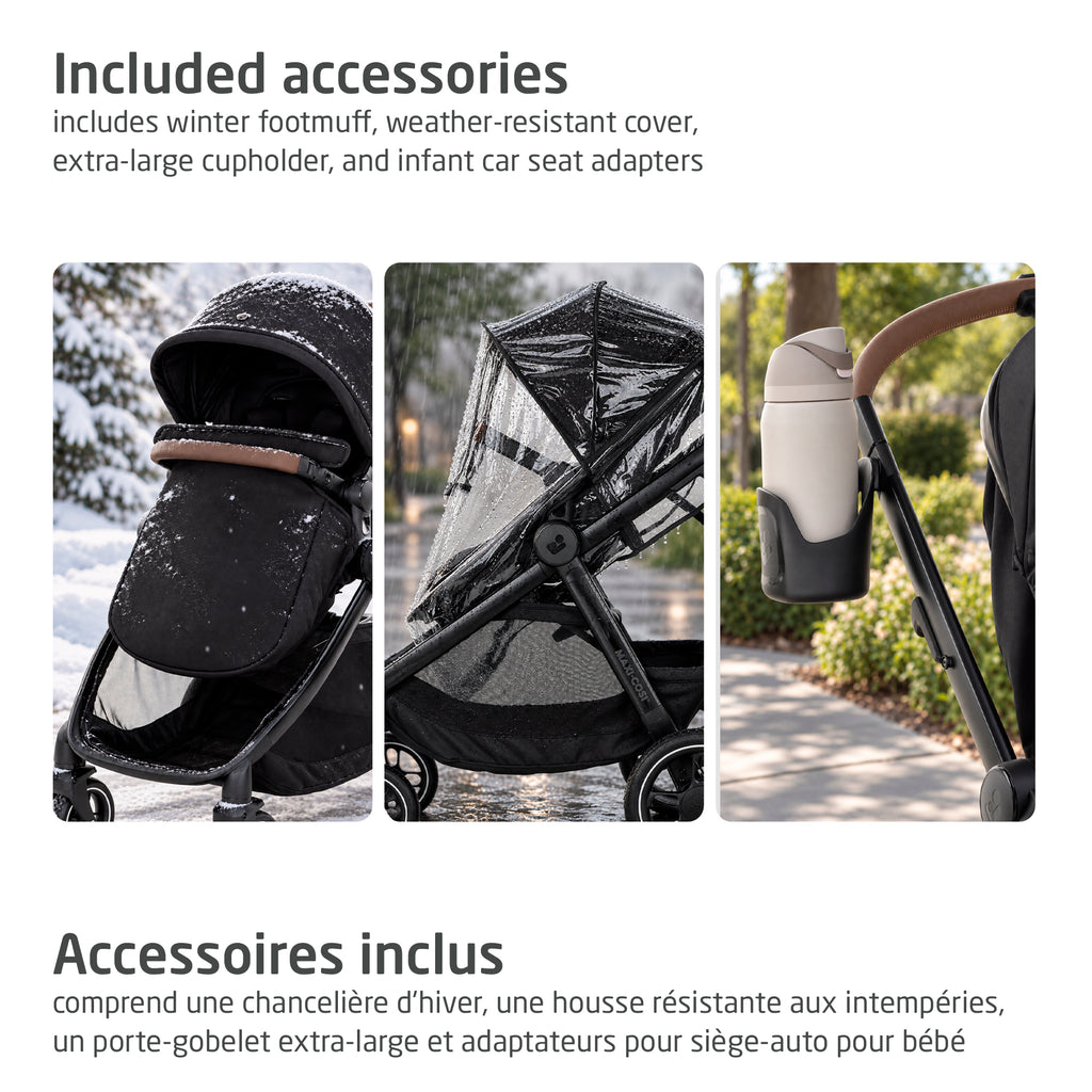 Included all-weather accessories: winter footmuff in snow, weather-resistant rain cover, and extra-large parent cupholder.