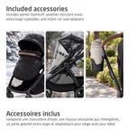 Included all-weather accessories: winter footmuff in snow, weather-resistant rain cover, and extra-large parent cupholder.