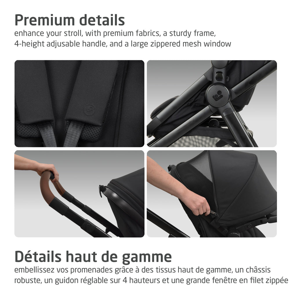 Four detail panels highlighting the Zelia Pro premium fabrics, sturdy frame, 4-position adjustable handlebar, and large zippered mesh window.