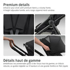 Four detail panels highlighting the Zelia Pro premium fabrics, sturdy frame, 4-position adjustable handlebar, and large zippered mesh window.