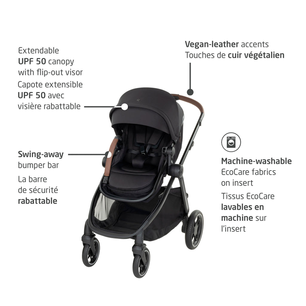 Feature overview of the Zelia Pro stroller showing the extendable UPF 50 canopy, vegan-leather touches, swing-away bumper bar, and machine-washable EcoCare insert.