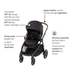 Feature overview of the Zelia Pro stroller showing the extendable UPF 50 canopy, vegan-leather touches, swing-away bumper bar, and machine-washable EcoCare insert.