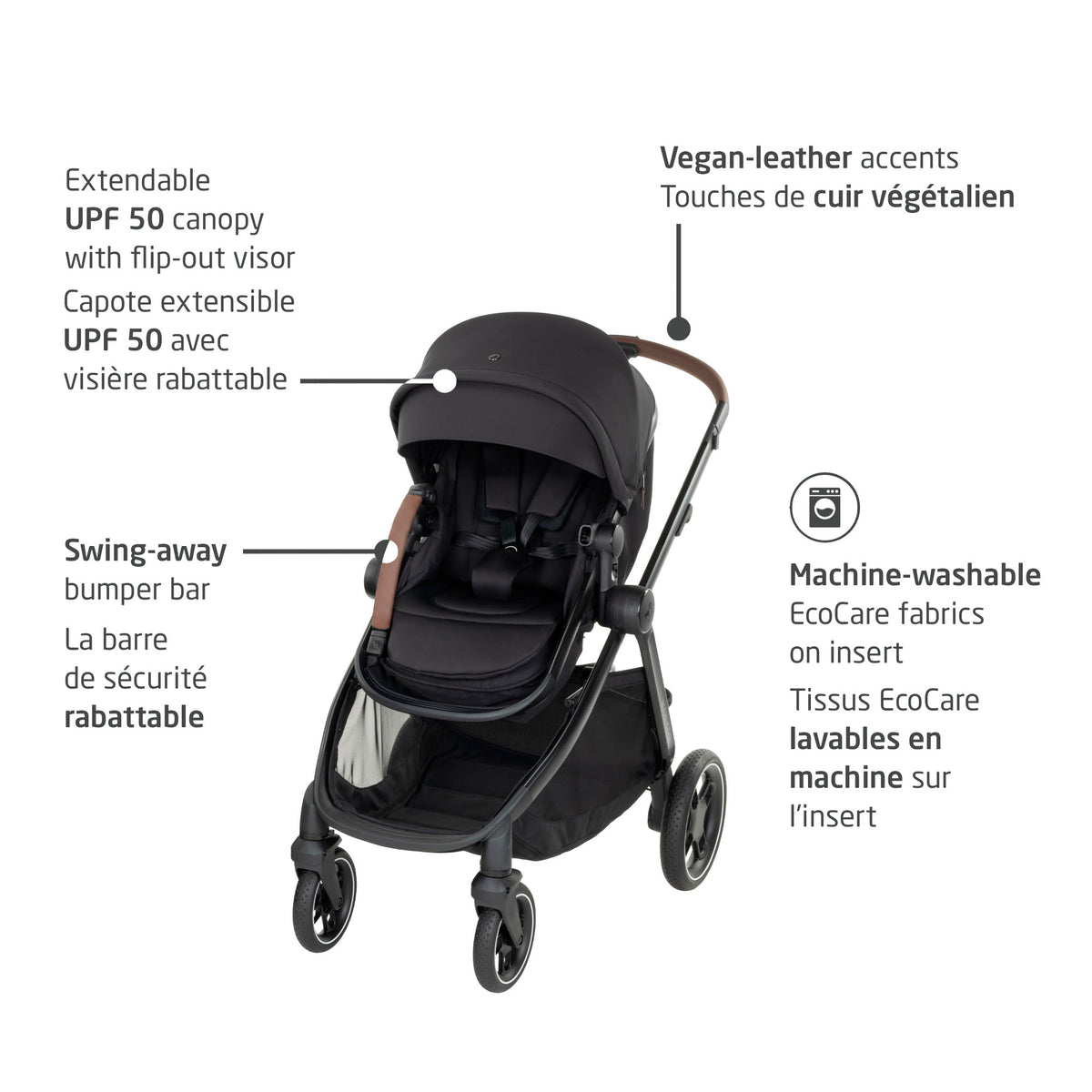Feature overview of the Zelia Pro stroller showing the extendable UPF 50 canopy, vegan-leather touches, swing-away bumper bar, and machine-washable EcoCare insert.