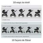 Diagram showing 10 ways to stroll with the Zelia Pro: 5 included modes and 5 additional modes using the Hop-on Board.
